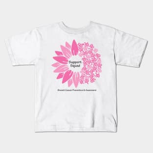 Breast cancer support squad with flower, hearts, ribbons & black type Kids T-Shirt